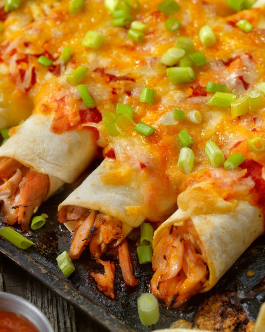 Shredded chicken enchiladas that are approximately 500 calories per serving: